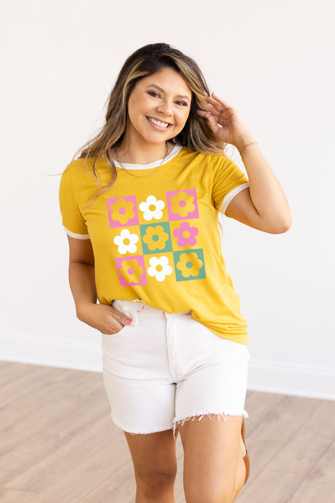 Checkered Flowers on Short Sleeves Ringer T-Shirt, White And Mustard