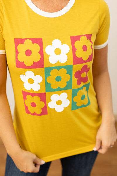 Checkered Flowers on Short Sleeves Ringer T-Shirt, White And Mustard