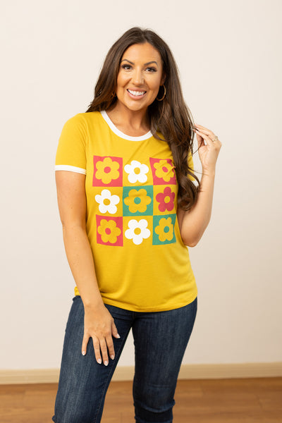 Checkered Flowers on Short Sleeves Ringer T-Shirt, White And Mustard