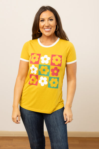 Checkered Flowers Ringer Tee, Mustard