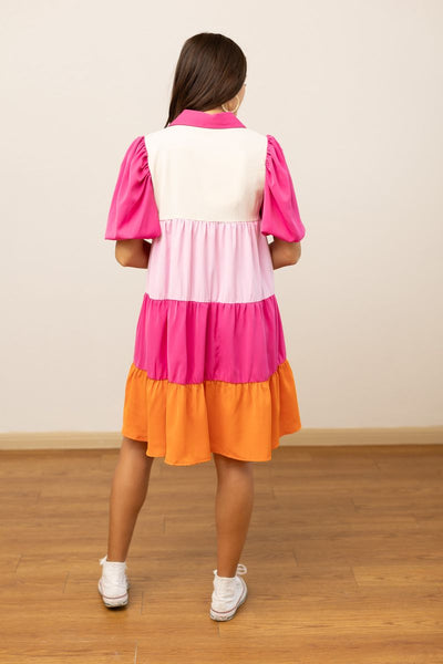 Pink Color Block Button-Up Dress