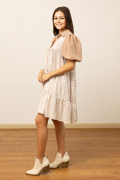 Brown Gingham Button Down Dress