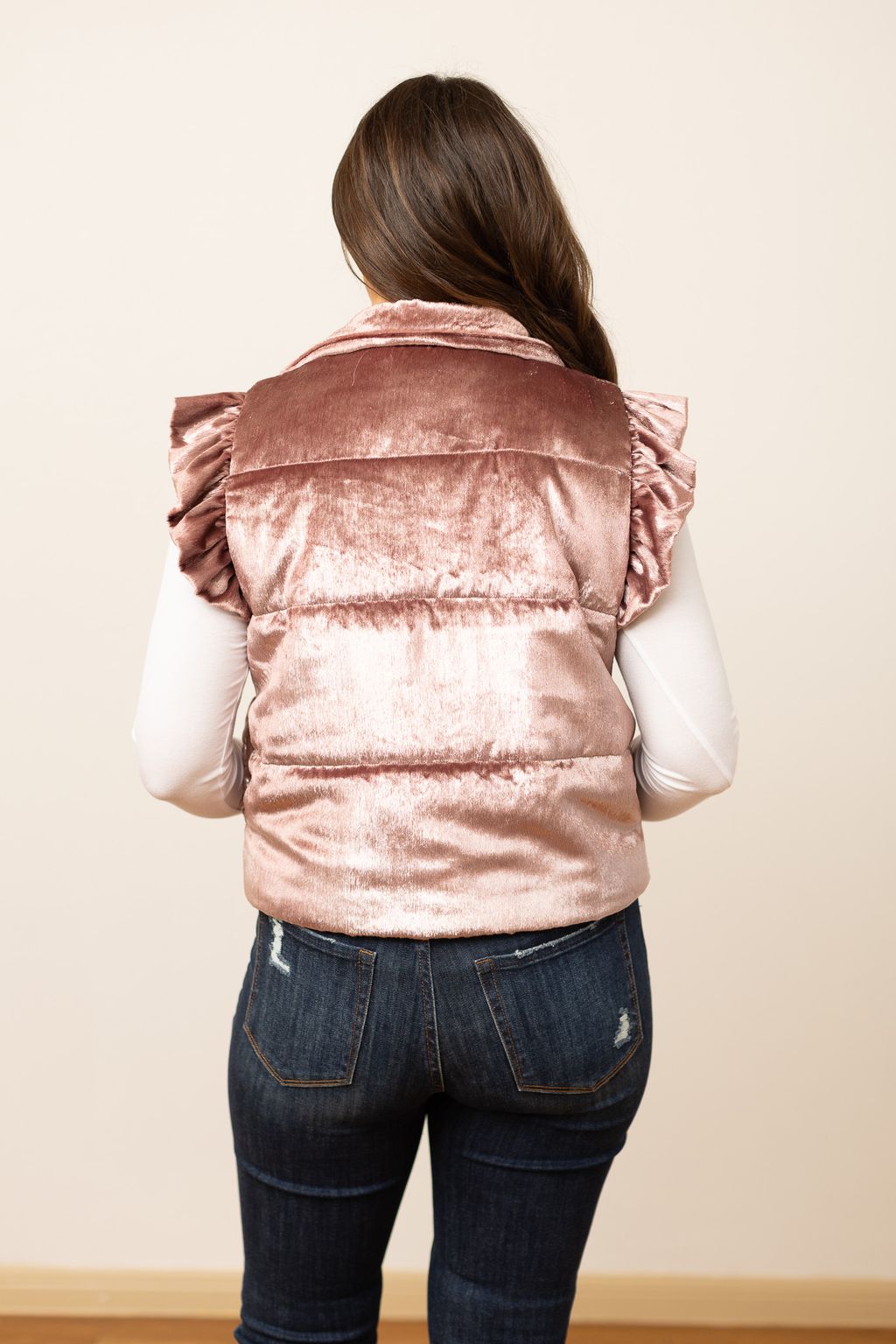 Champagne Shimmer Ruffle Sleeve Puffer Vest