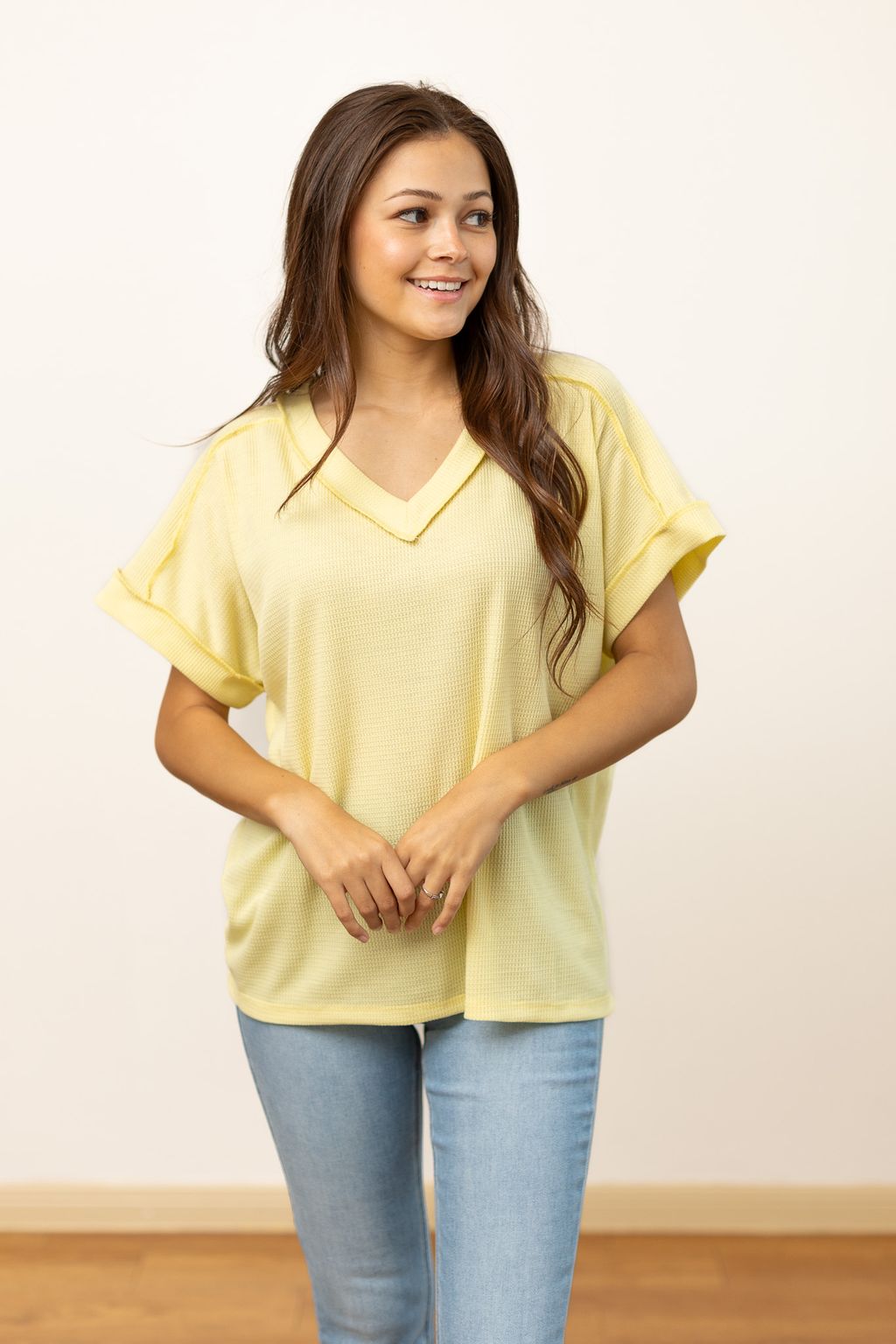 Lucy Waffle Knit Top, Light Yellow