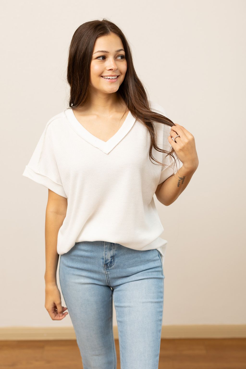 Lucy Waffle Knit Top, White