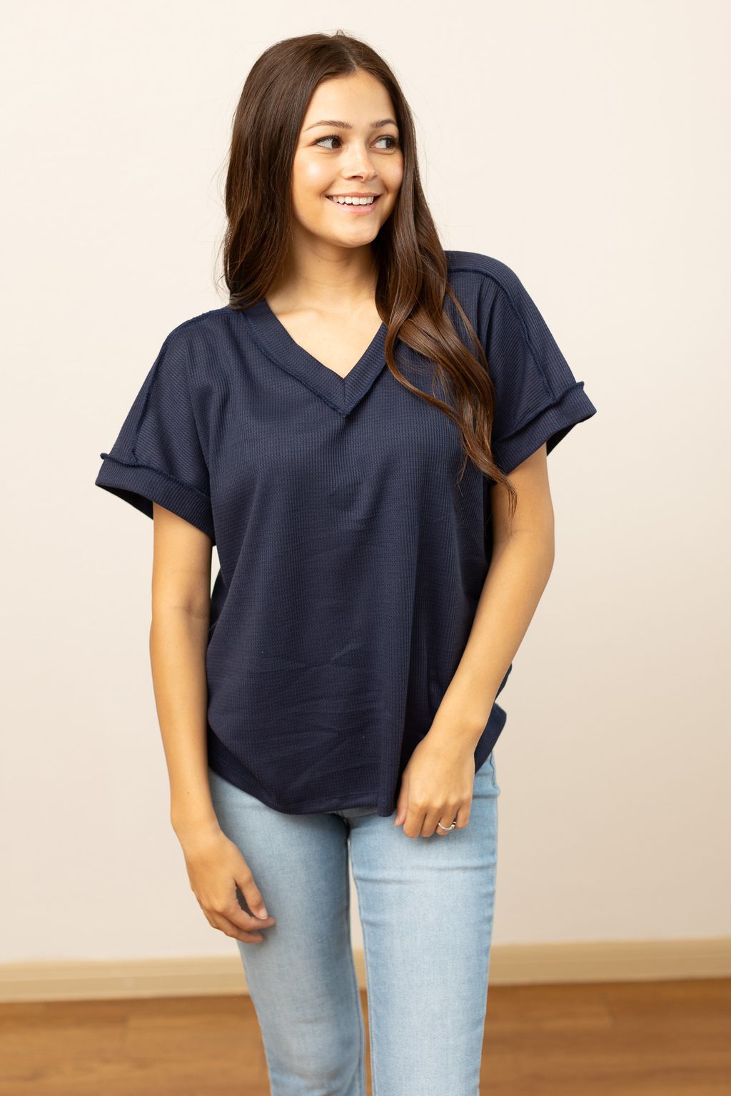 Lucy Navy Waffle Knit Top