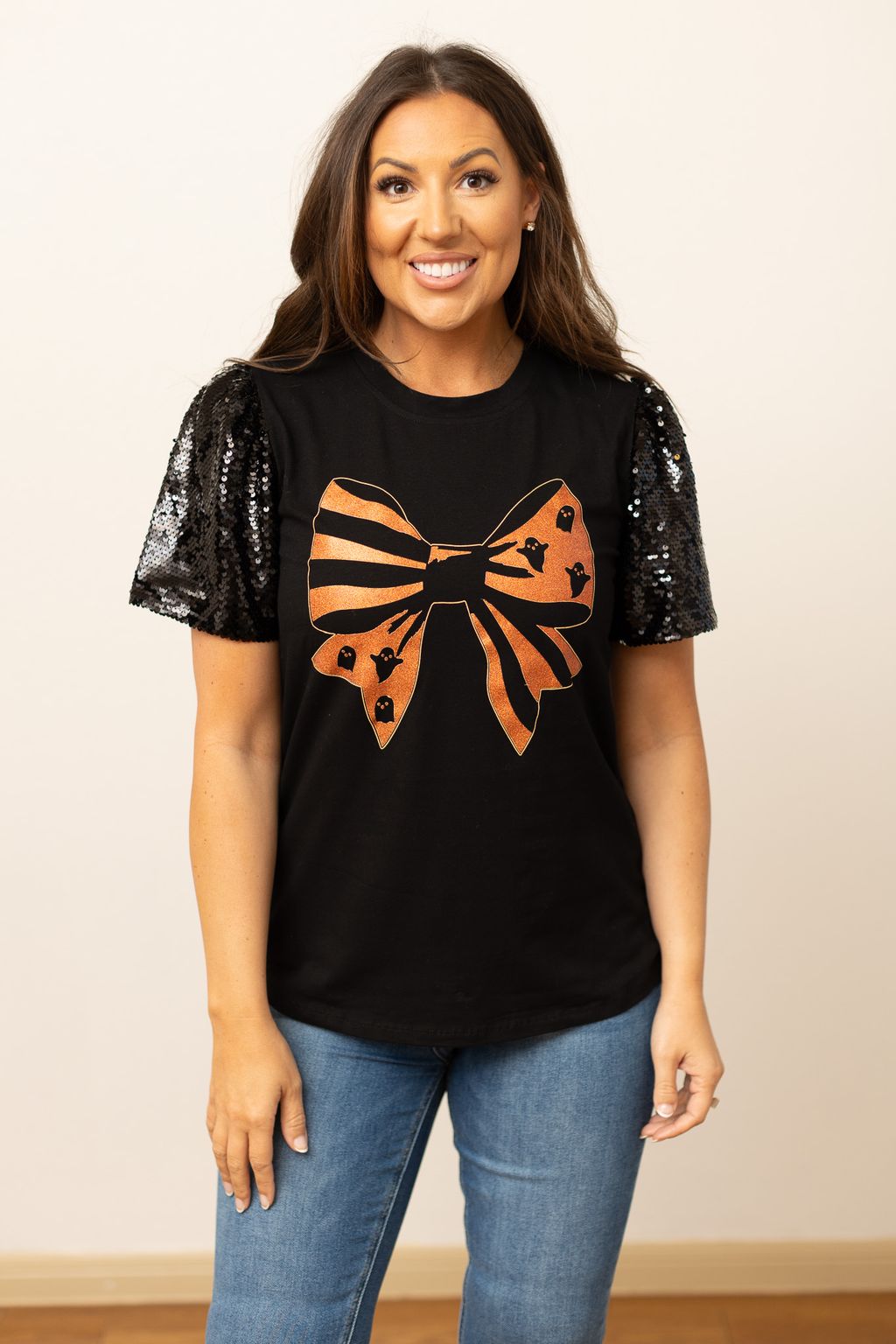 Halloween Bow on Black Top With Sequins Puff Sleeve