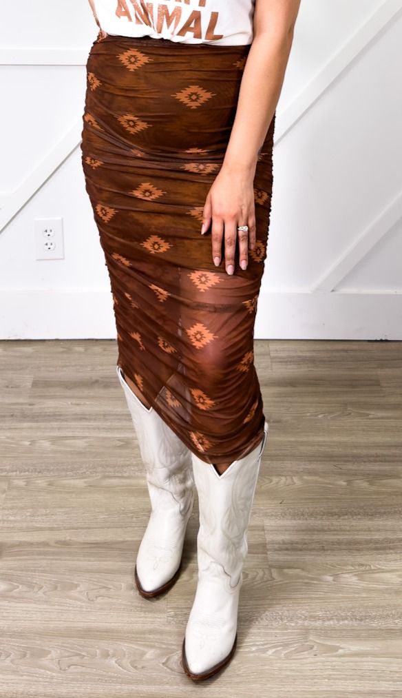 Aztec Mesh Midi Skirt, Brown