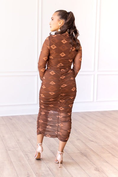 Aztec Mesh Midi Skirt, Brown