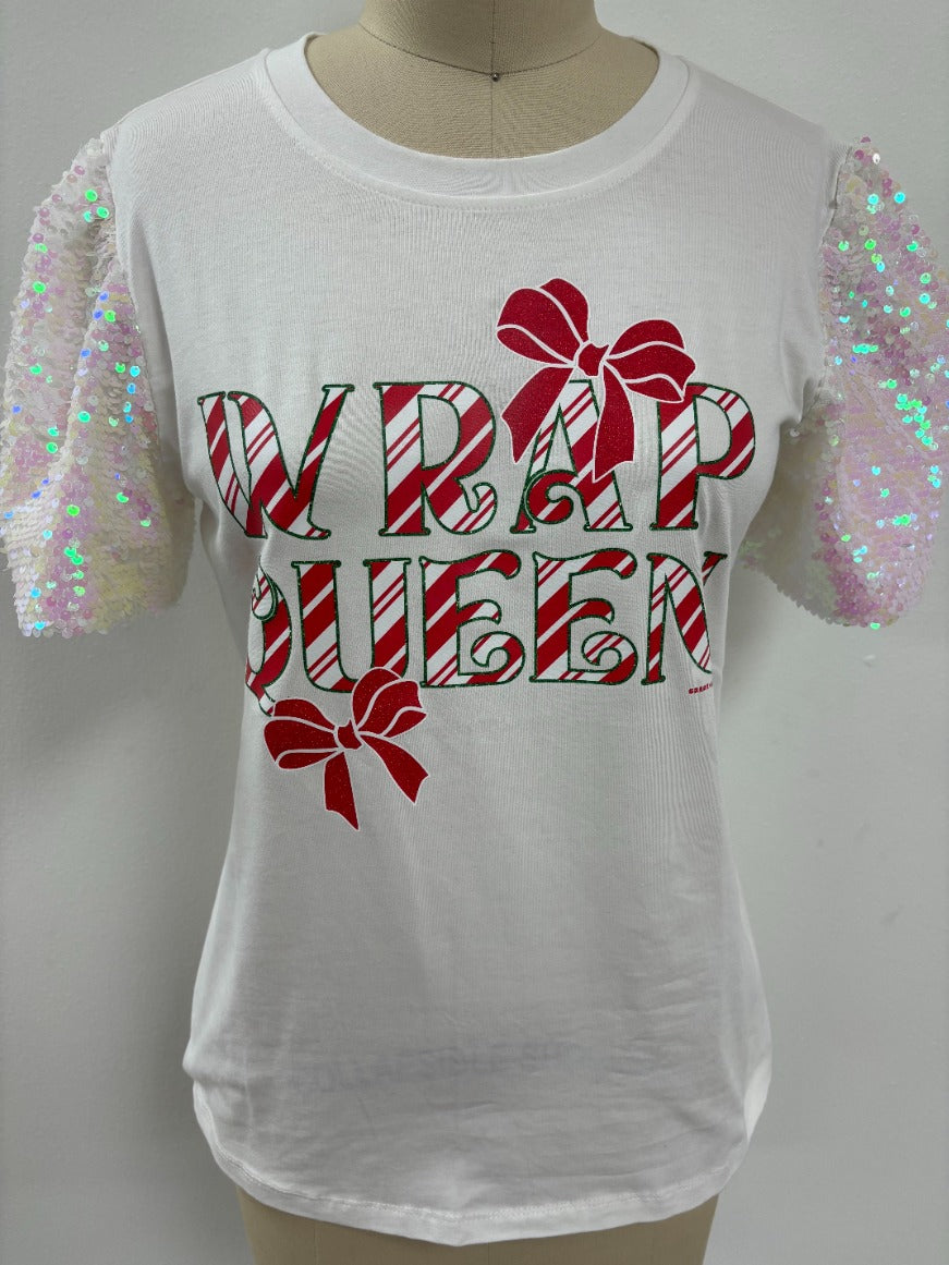 Wrap Queen on White T-Shirt with White Sequin Sleeves