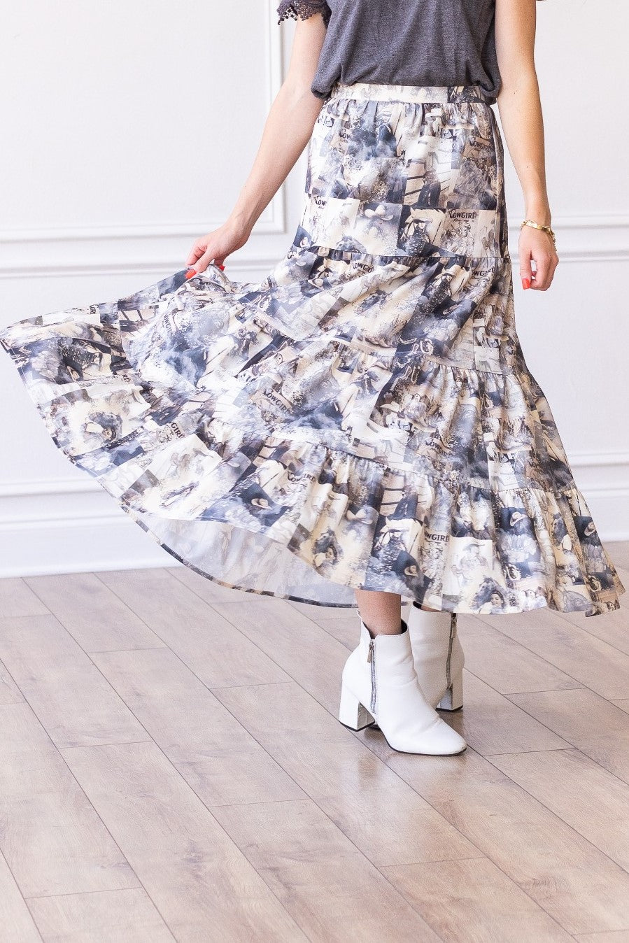 Western Print Tiered Maxi Skirt
