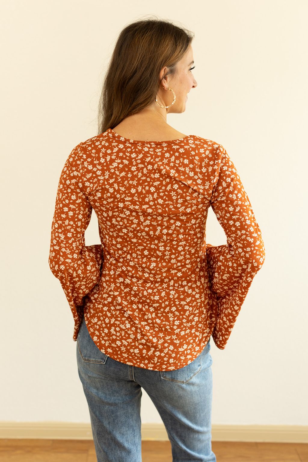 Rust Floral Bell Sleeve Top