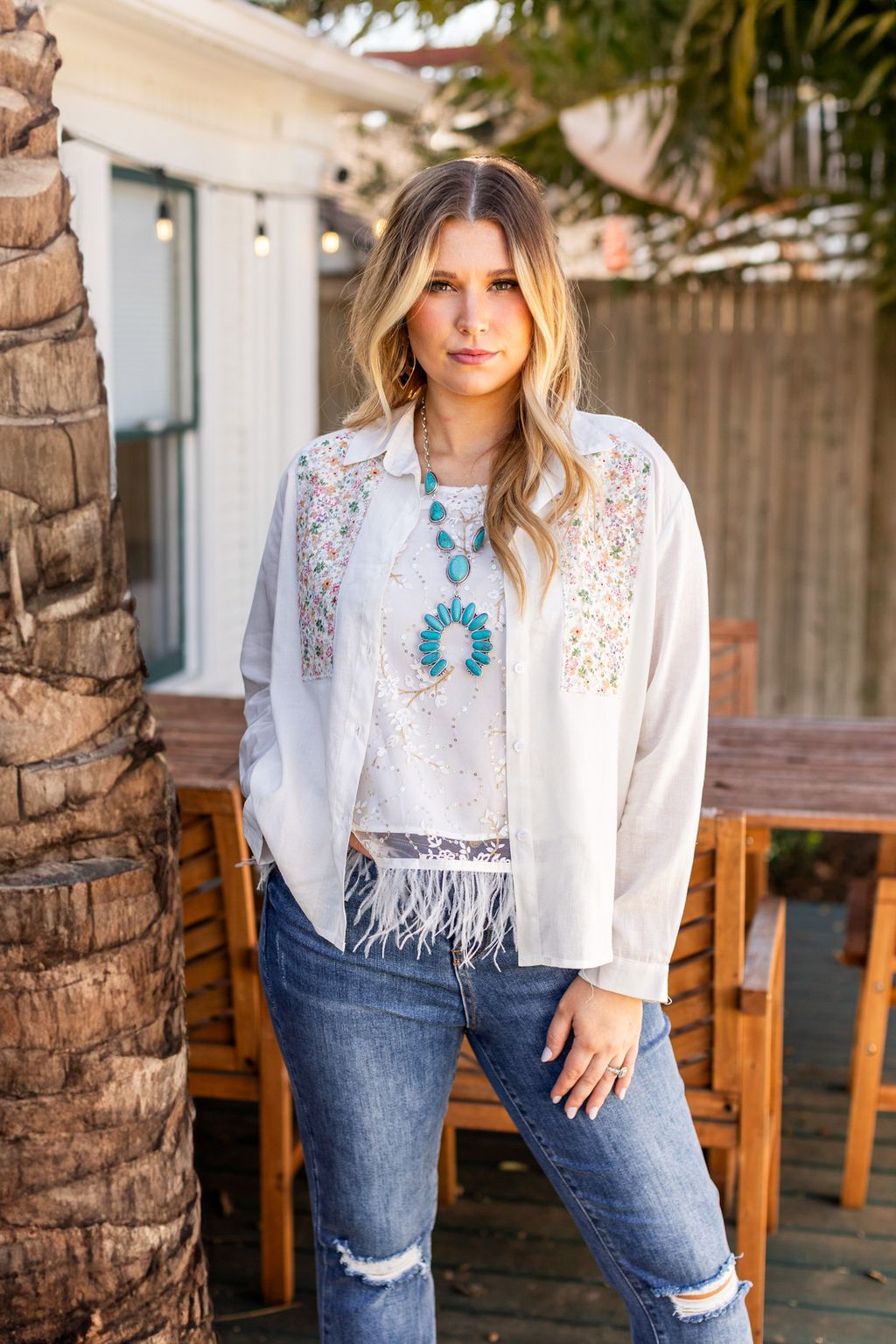 Button-Up with Embroidered Yoke, White