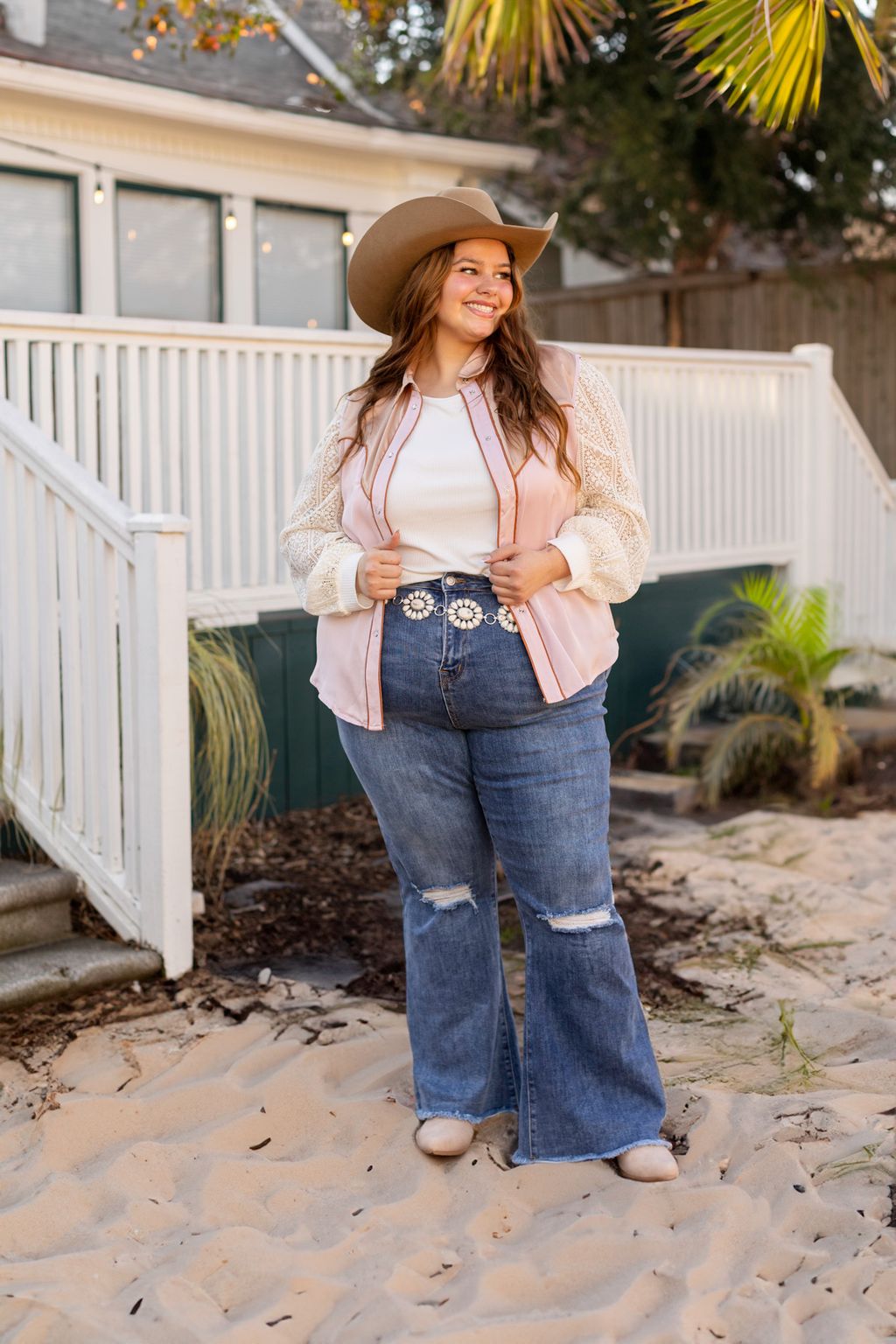Sleeveless Satin Western Fringe Top, White - fit detail