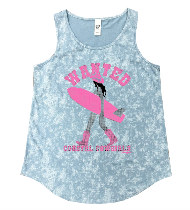 Wanted Coastal Cowgirls On Blue Acid Wash Tank Top