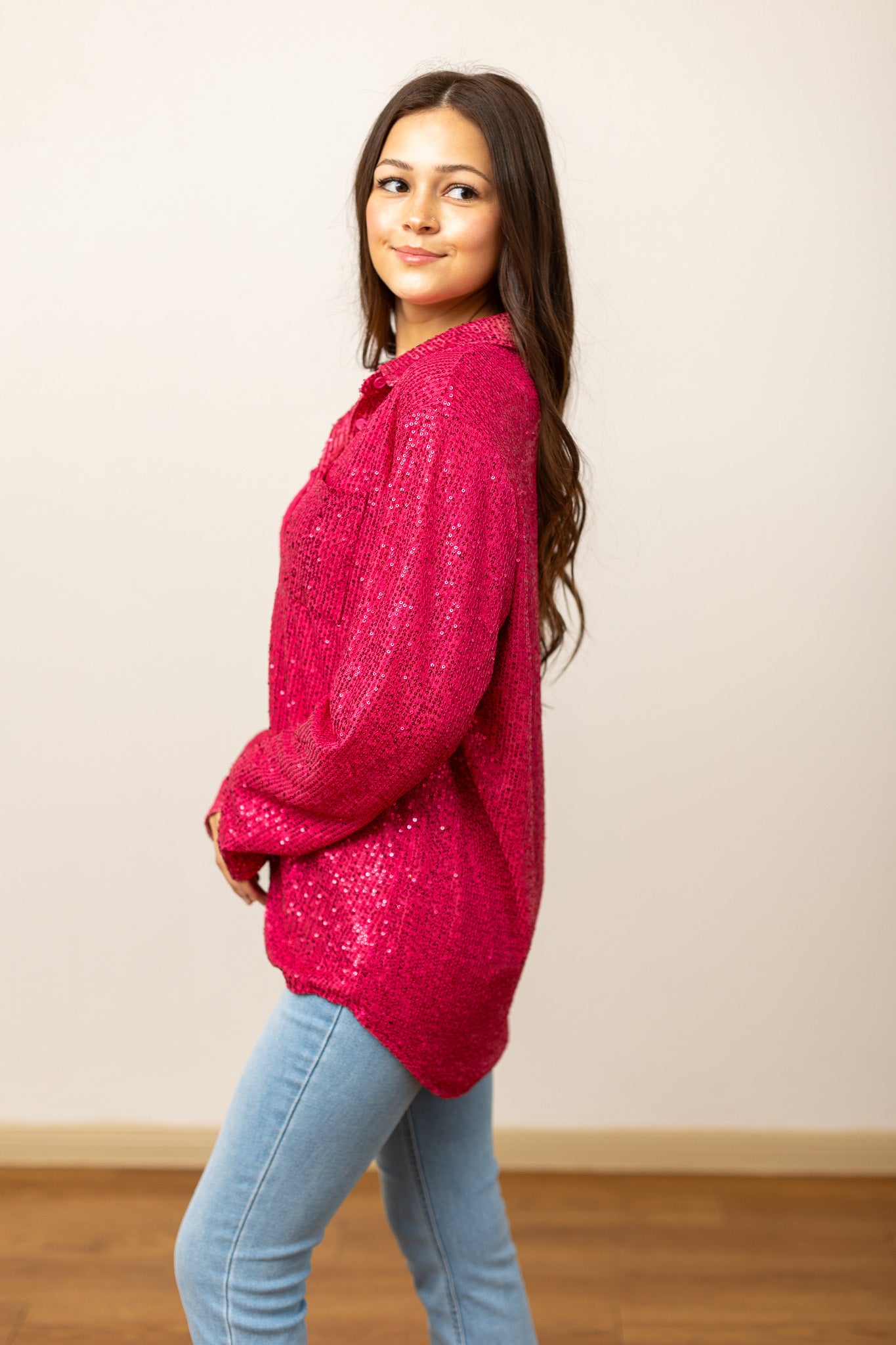 Kathryn Classic Button-Up, Hot Pink Sequin