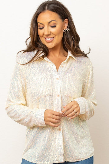 Kathryn Classic Button-Up, White Sequin