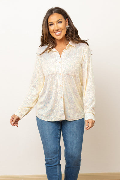 Kathryn Classic Button-Up, White Sequin