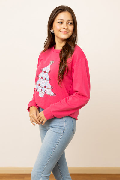 Hot Pink Sequins Christmas Tree Sweatshirt