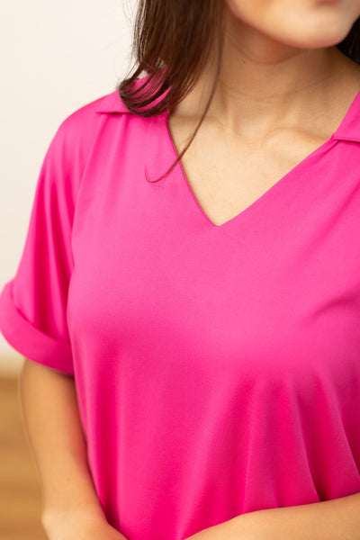 Cara Collared Top, Neon Pink