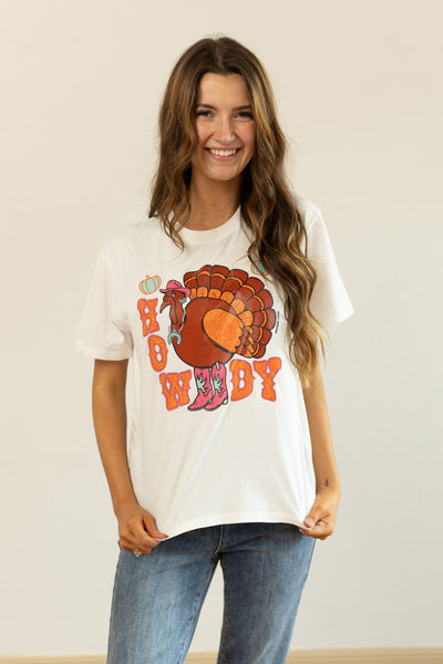 Howdy Turkey on White Blank Tee Shirt