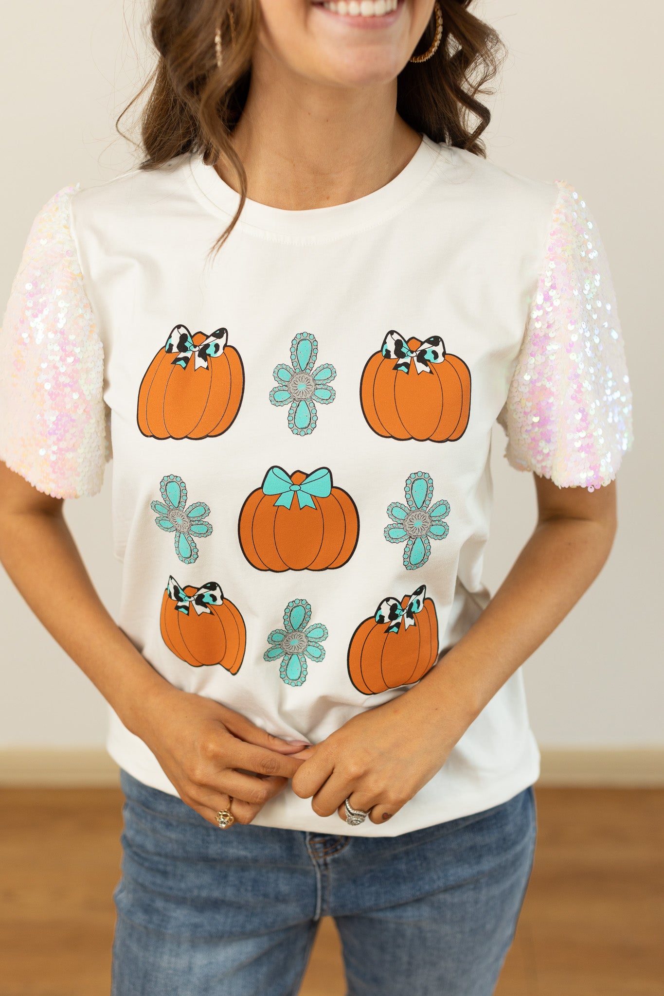 Western Pumpkins on White Top With Sequins Puff Sleeve