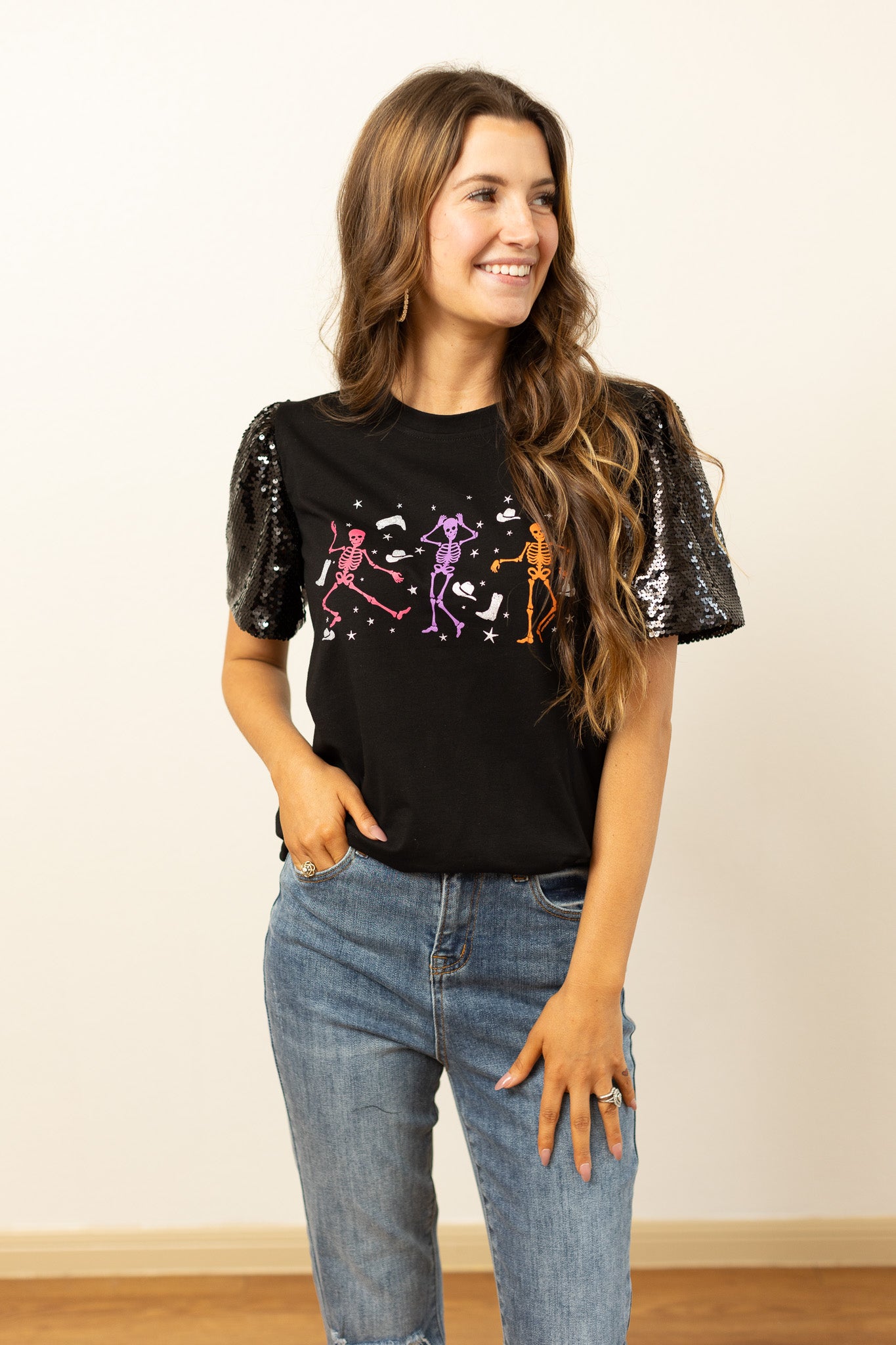 Skeleton Black Top With Sequins Puff Sleeve