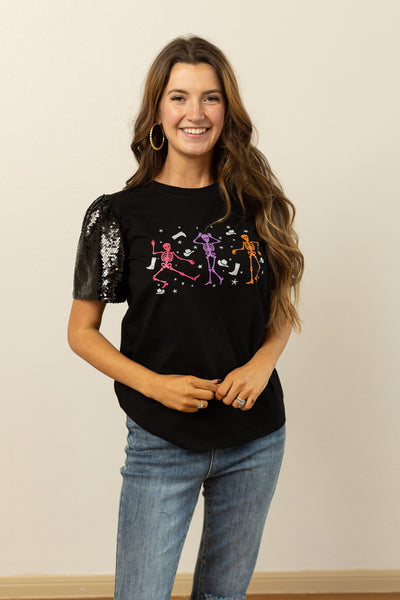 Skeleton Black Top With Sequins Puff Sleeve