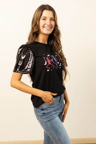 Skeleton Black Top With Sequins Puff Sleeve