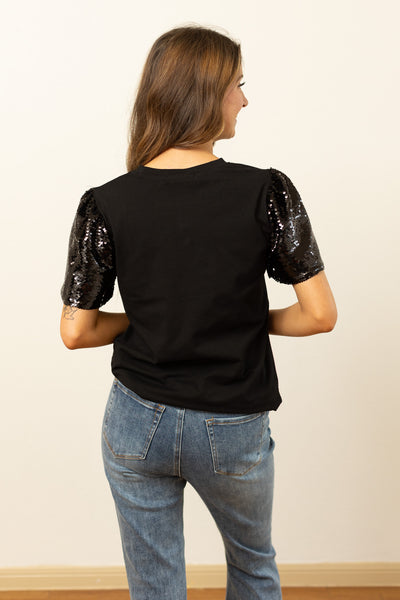 Skeleton Black Top With Sequins Puff Sleeve