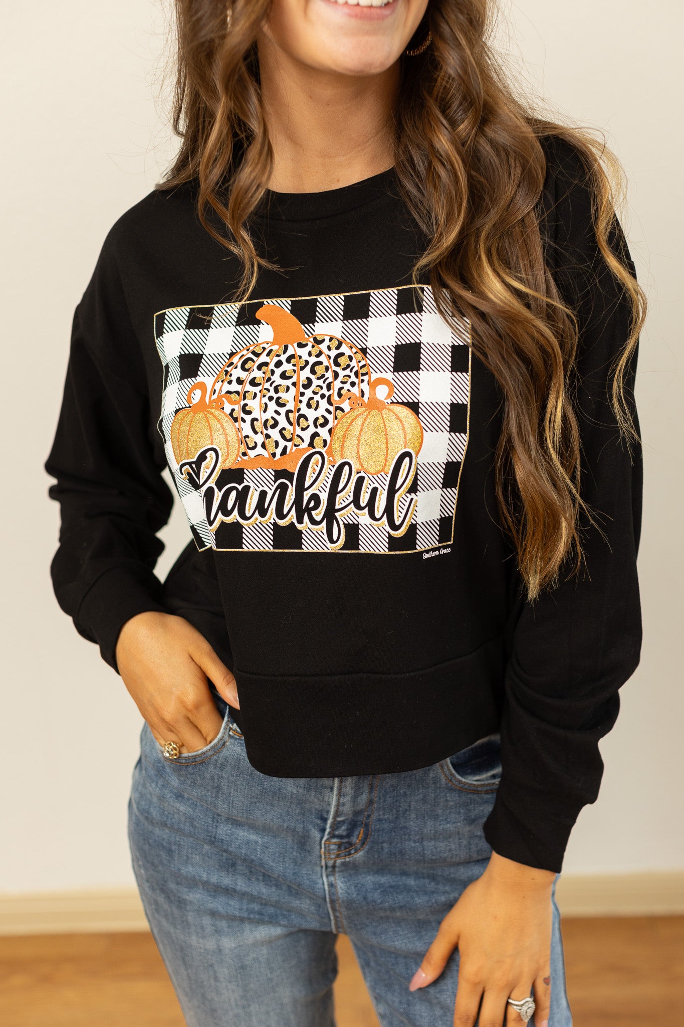 Gingham Thankful on Black Crop Sweatshirt