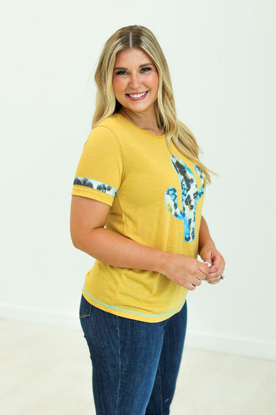 Cactus and Turquoise on Mustard Tee with Cowprint