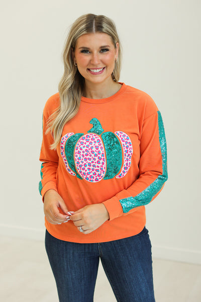 Orange Pumpkin Sequin Sleeve Sweatshirt