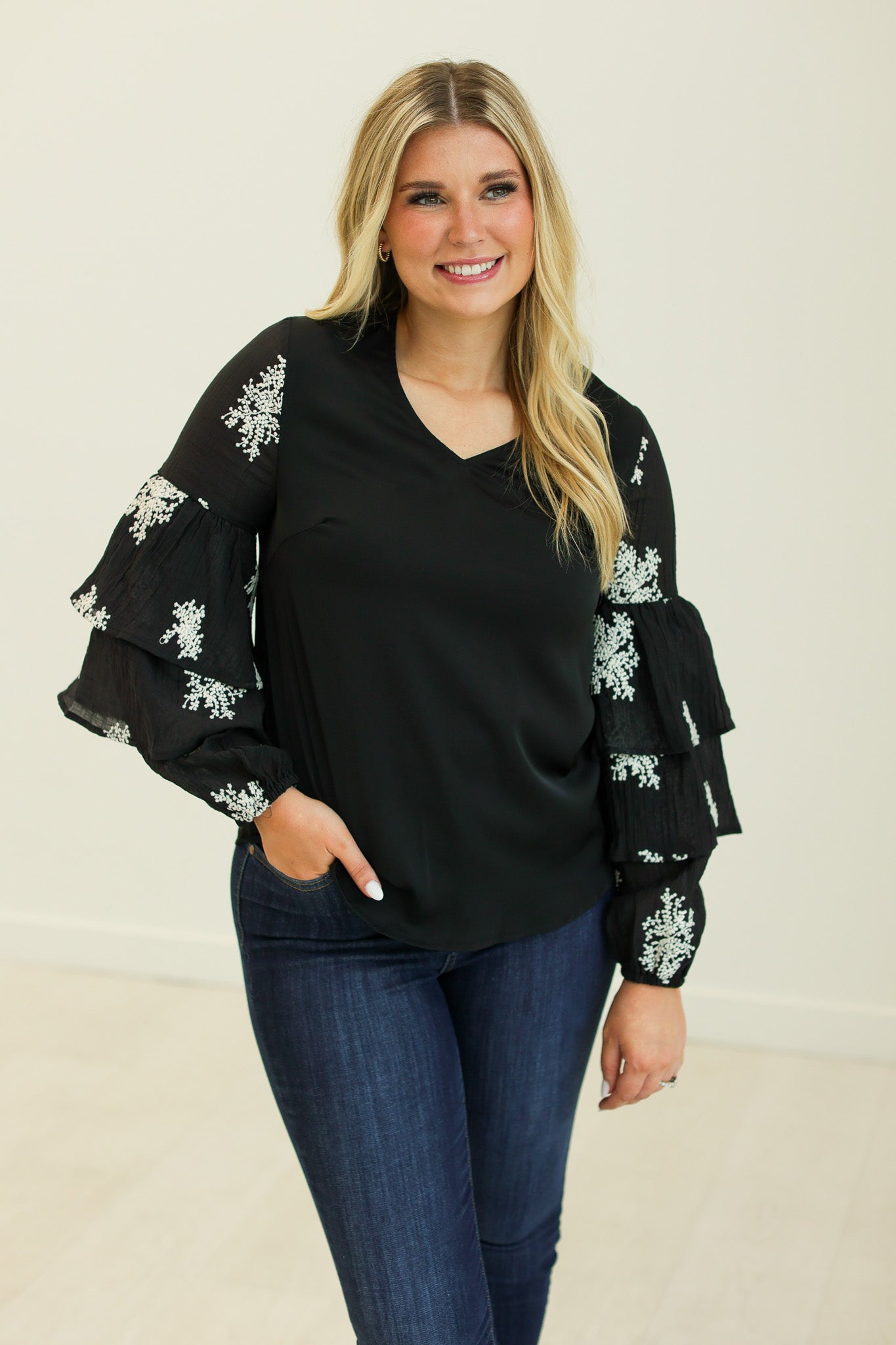 Karol V-Neck Top with Embroidered Sleeves