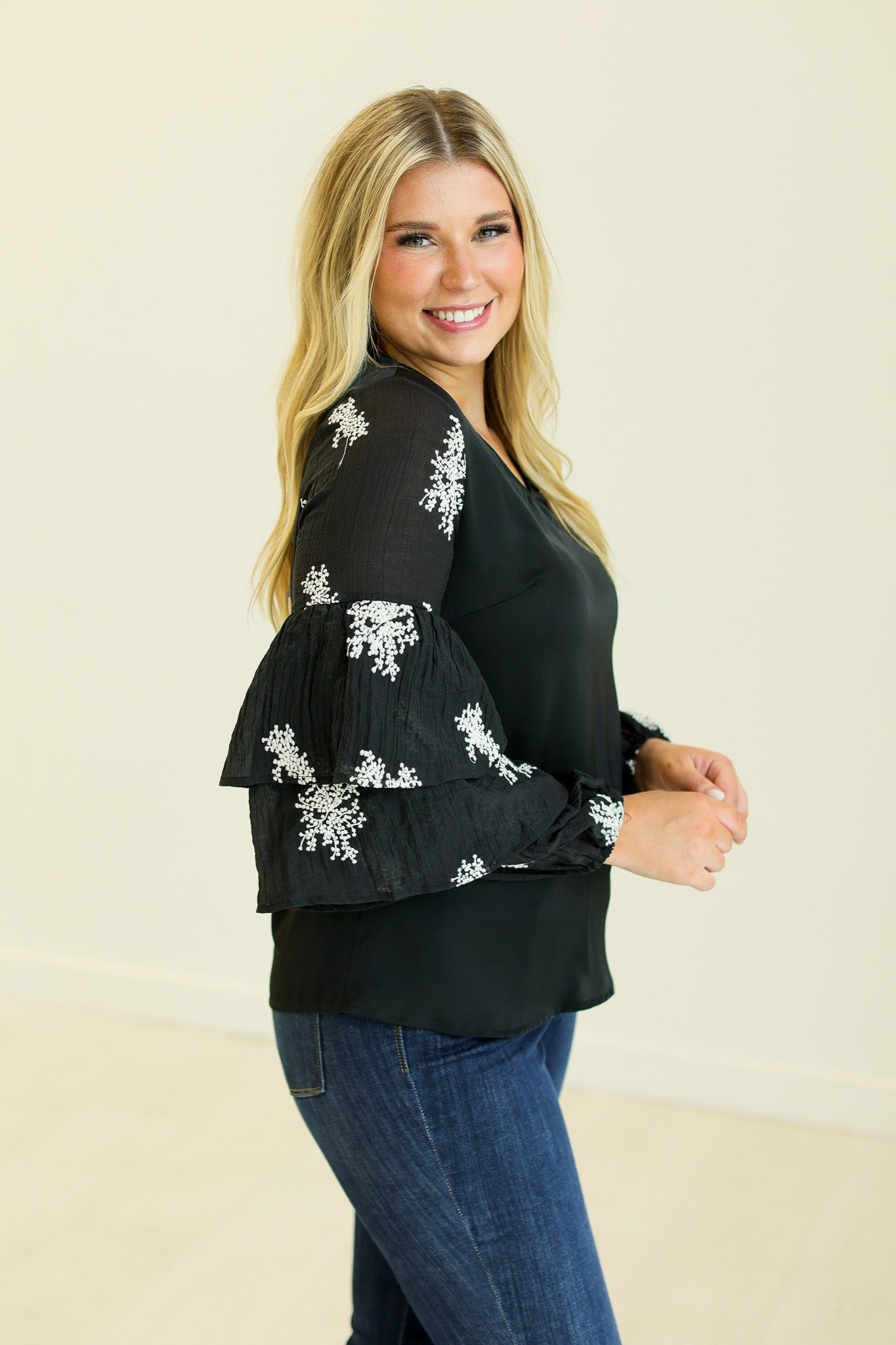 Karol V-Neck Top with Embroidered Sleeves