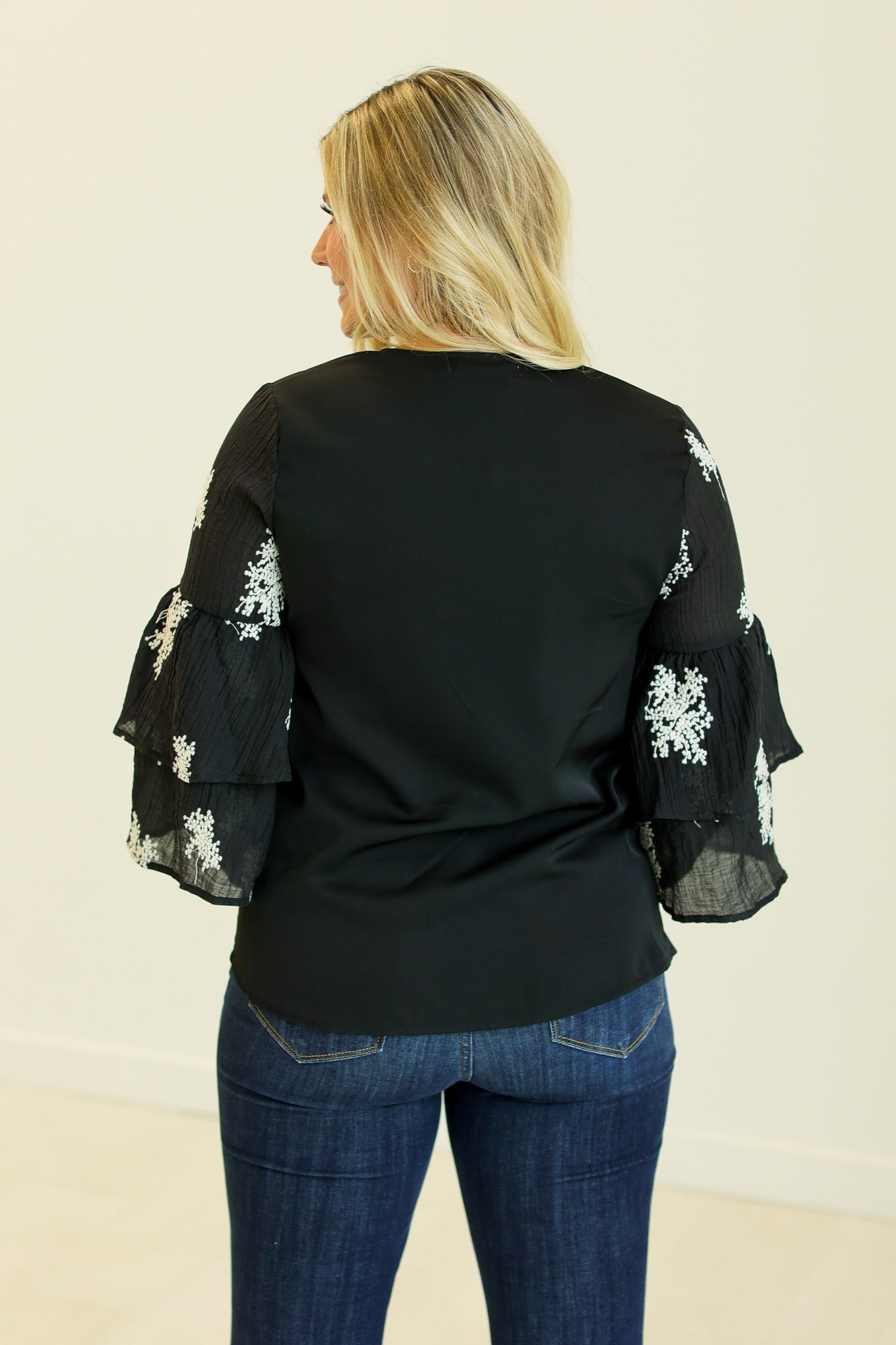 Karol V-Neck Top with Embroidered Sleeves