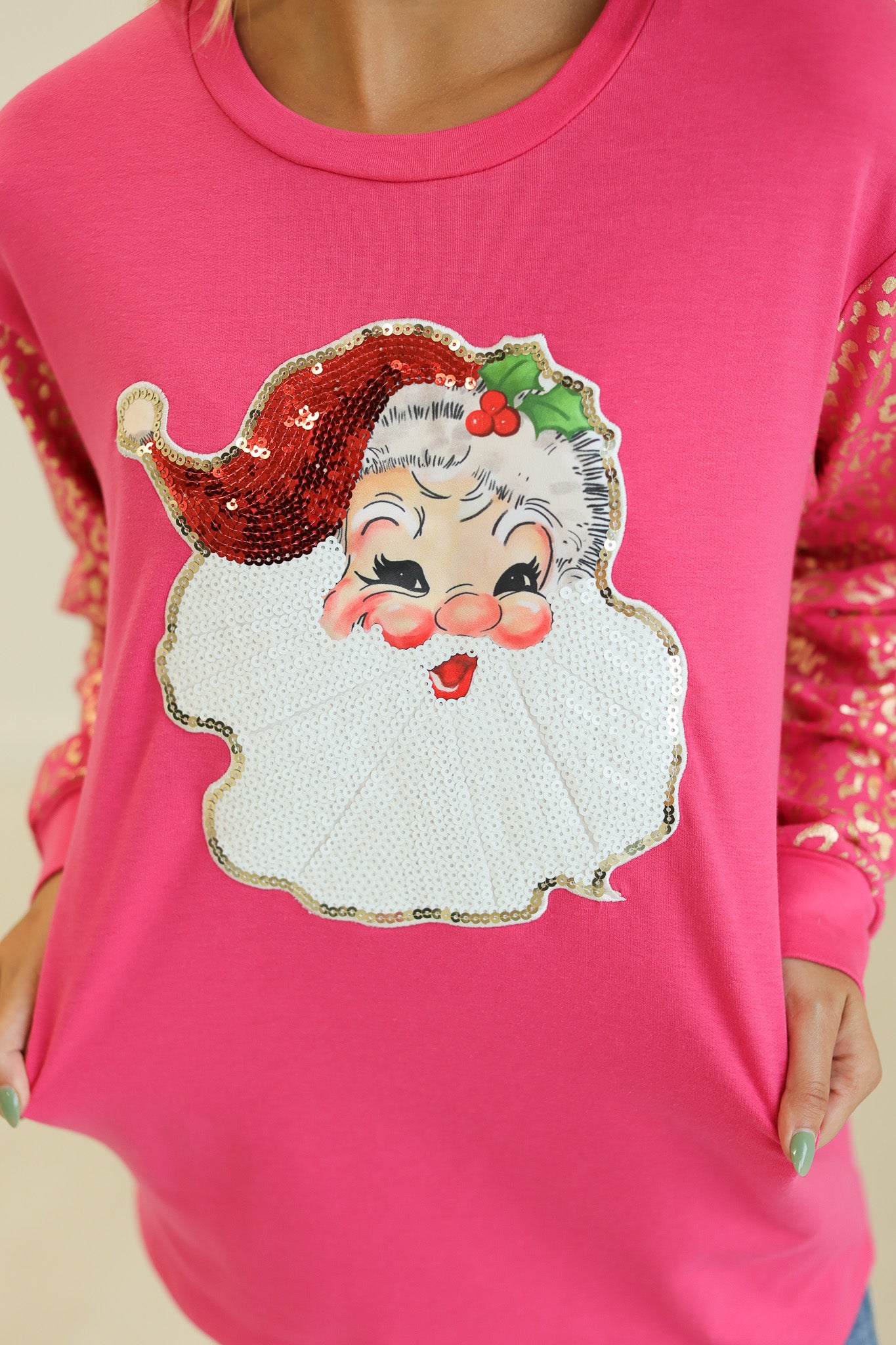 Sequin Santa on Hot Pink Sweatshirt