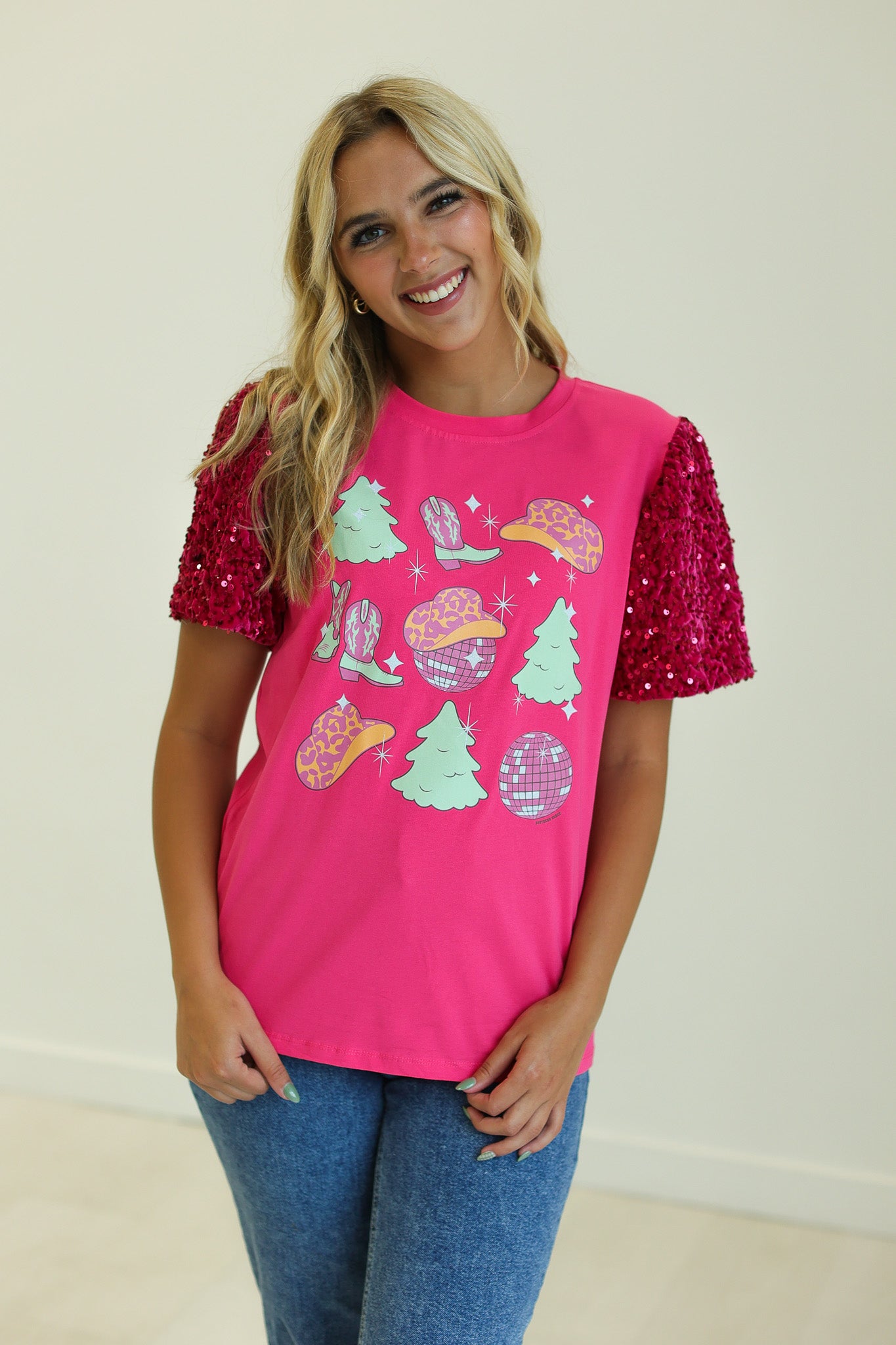 Western Christmas on Princess Top, Fuchsia