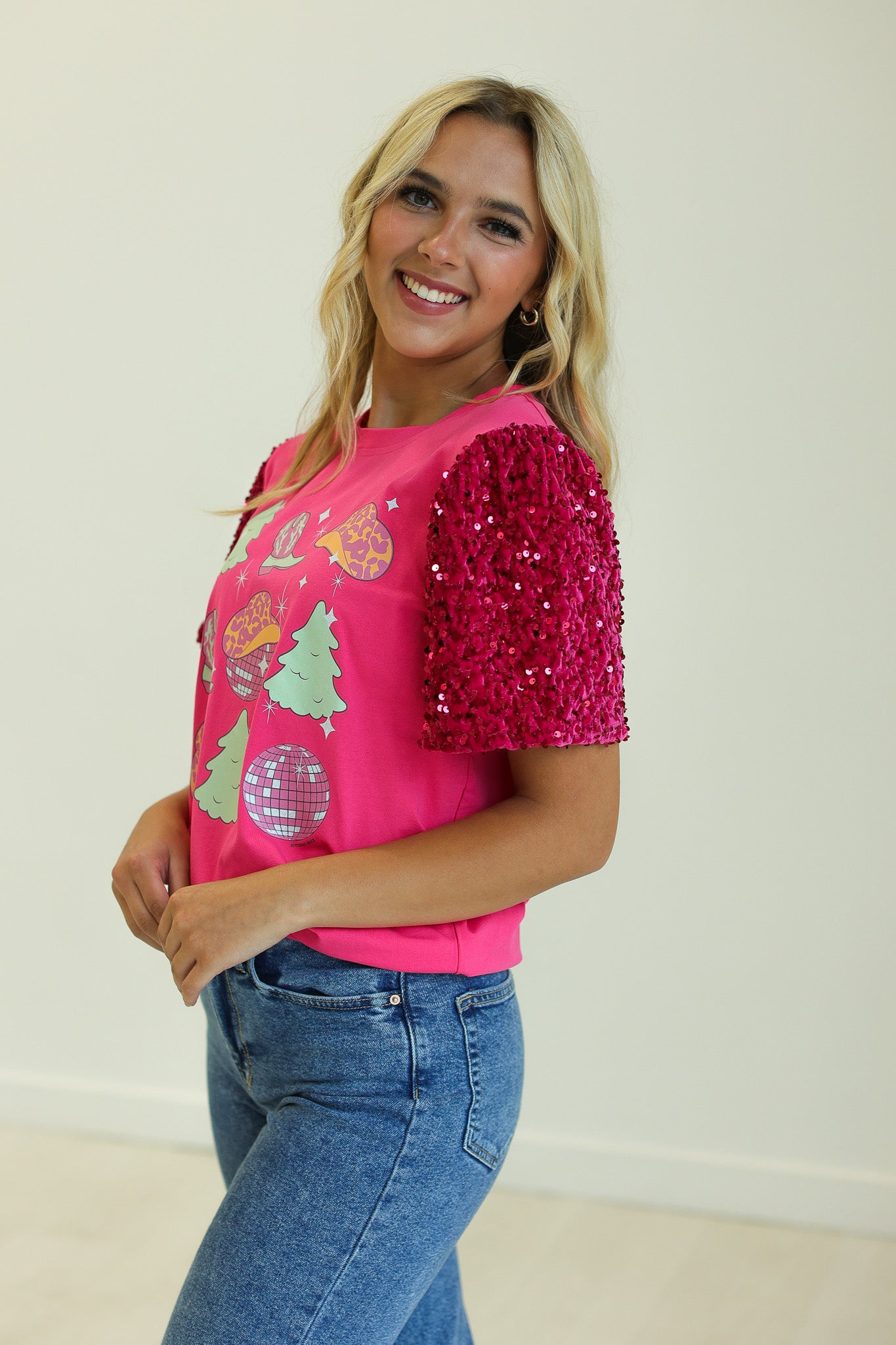 Western Christmas on Princess Top, Fuchsia
