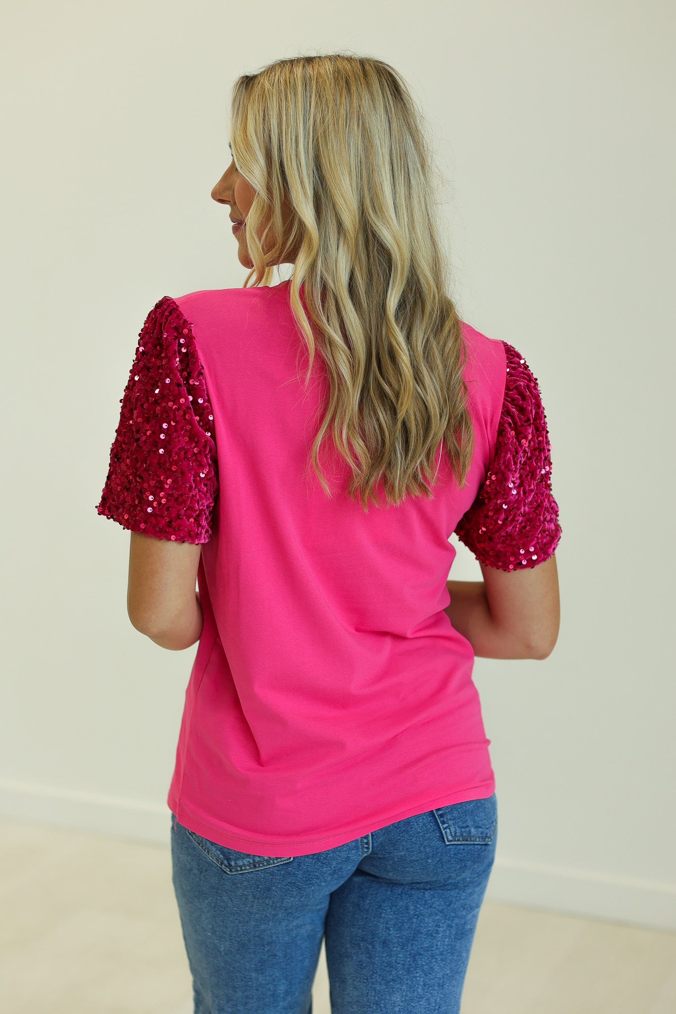 Western Christmas on Hot Pink T-Shirt with Velvet Sequin Sleeves