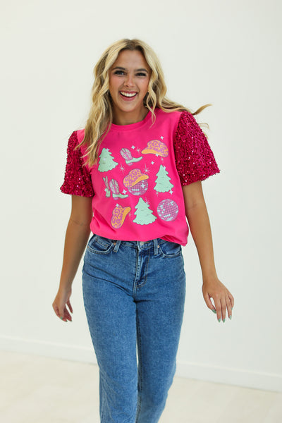 Western Christmas on Hot Pink T-Shirt with Velvet Sequin Sleeves