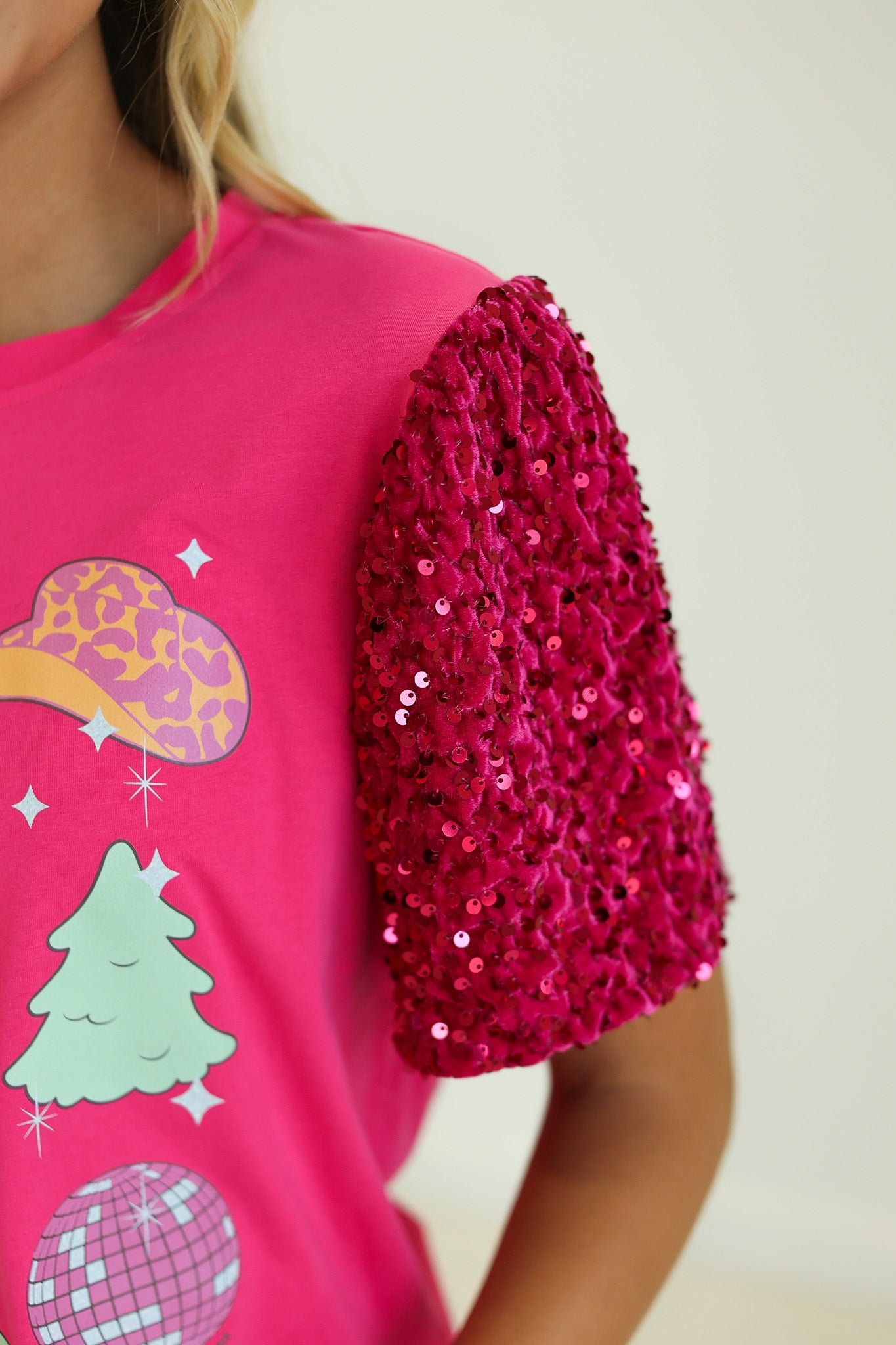 Western Christmas on Hot Pink T-Shirt with Velvet Sequin Sleeves