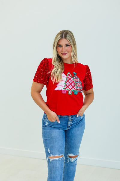 Festive Forest on Red T-Shirt with Sequin Velvet Sleeves