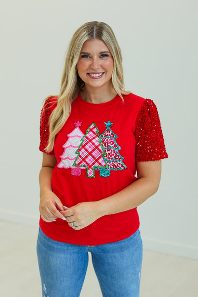 Festive Forest on Red T-Shirt with Sequin Velvet Sleeves