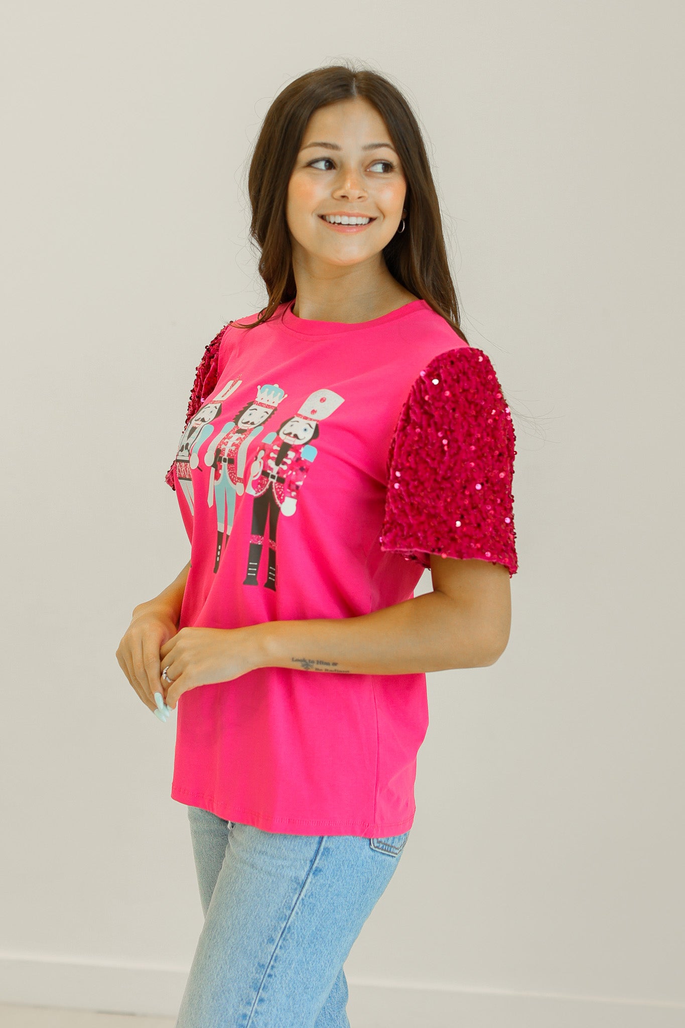 Nutcracker Graphic on Pink T-Shirt with Velvet Sequin Sleeves