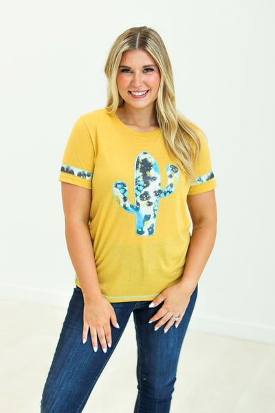 Cactus and Turquoise on Mustard Tee with Cowprint