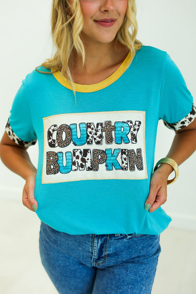 Country Bumpkin Patch Turquoise Ringer Tee