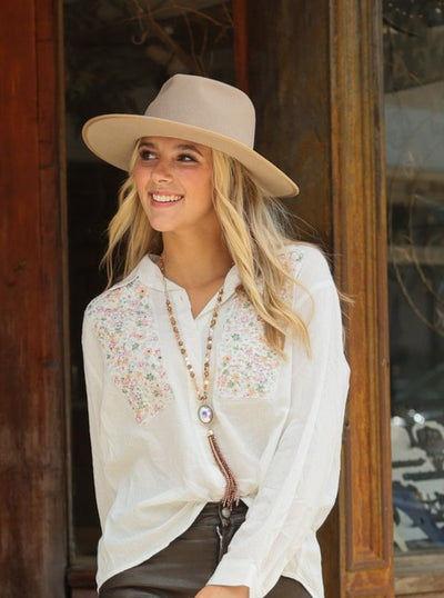 Button-Up with Embroidered Yoke, White