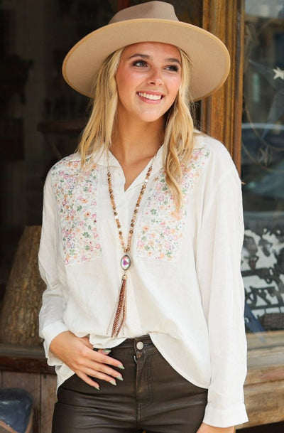 Button-Up with Embroidered Yoke, White