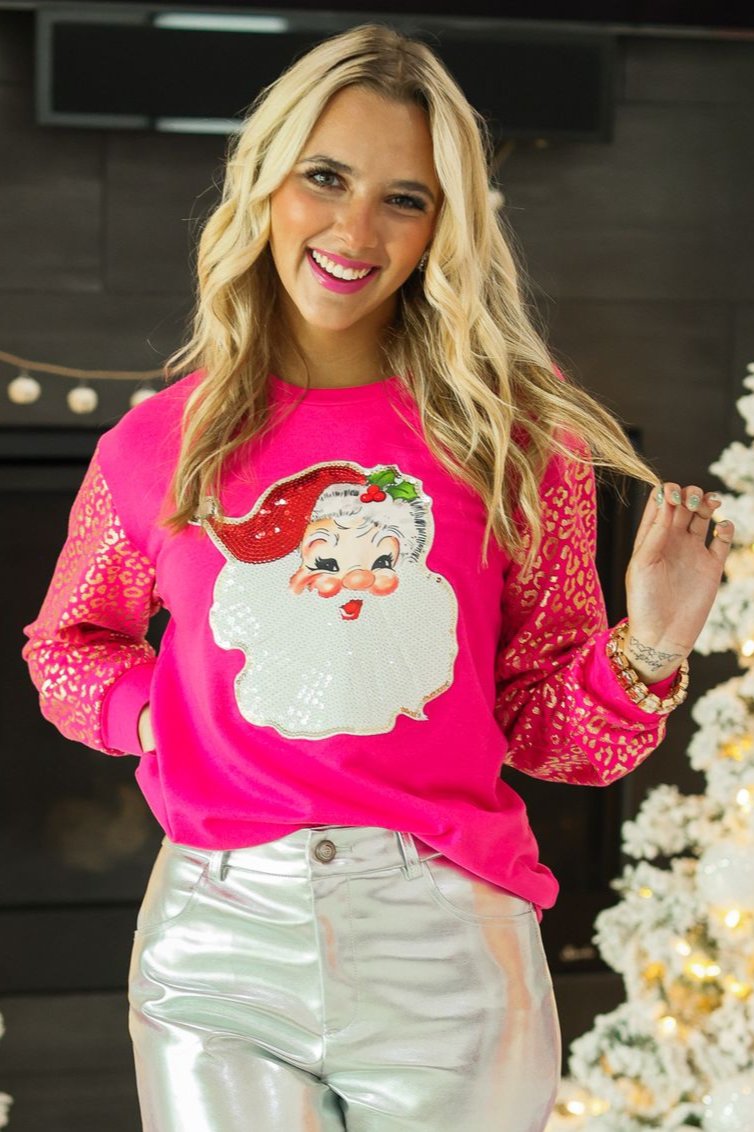 Sequin Santa on Hot Pink Sweatshirt